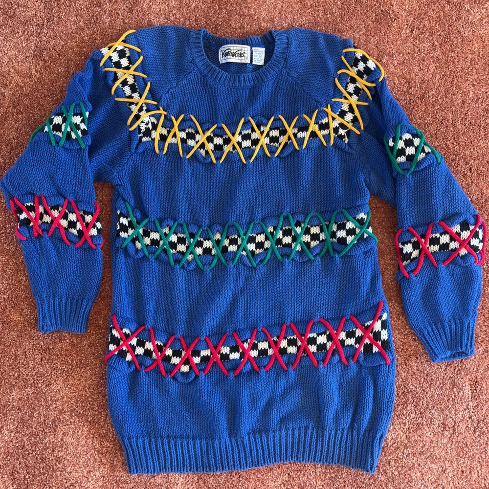Vintage 90s Knit Works Colorful Abstract Checkered Woven Sweater